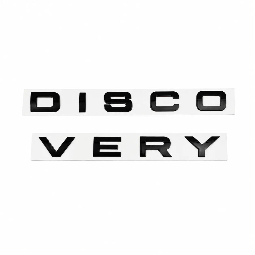 'DISCOVERY' bonnet logos for discovery 5 disco lettering gloss black finish on a white background