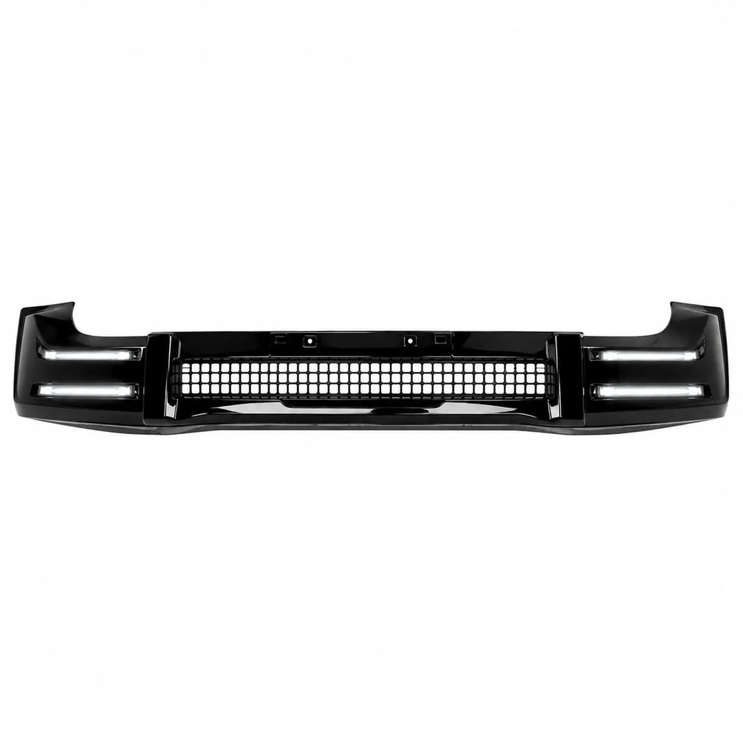 A glossy black automotive front bumper with integrated LED light bars, shown against a plain white background.