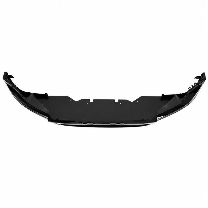 A black plastic automotive front bumper lip or lower bumper insert, shown from a top-down view against a plain white background.