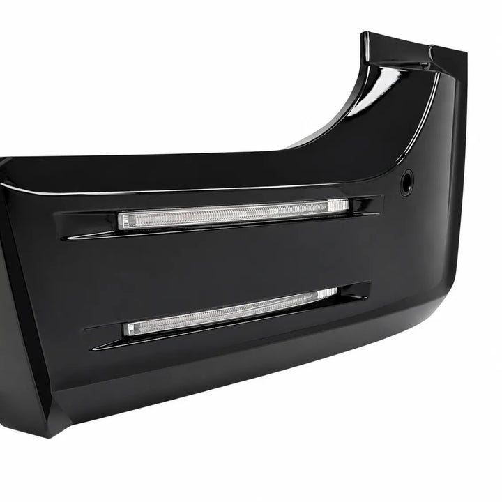 A glossy black automotive bumper insert with integrated horizontal LED light bars, shown on a plain white background.