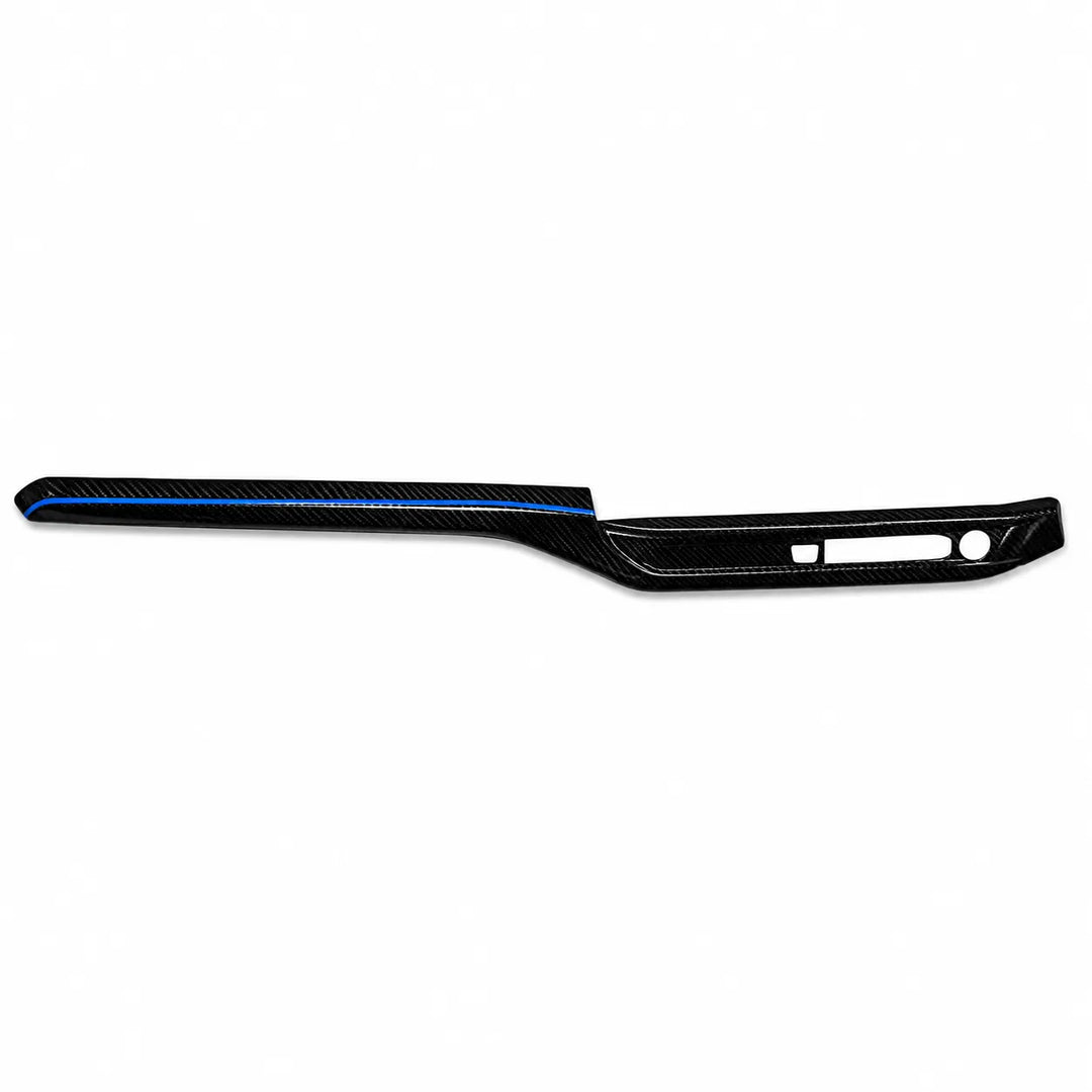 A glossy carbon fiber Dashboard trim piece with a distinctive blue accent line, shown against a plain white background.