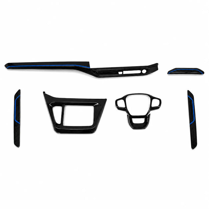 A set of glossy black car interior trim pieces with thin blue accent lines, arranged on a plain white background.