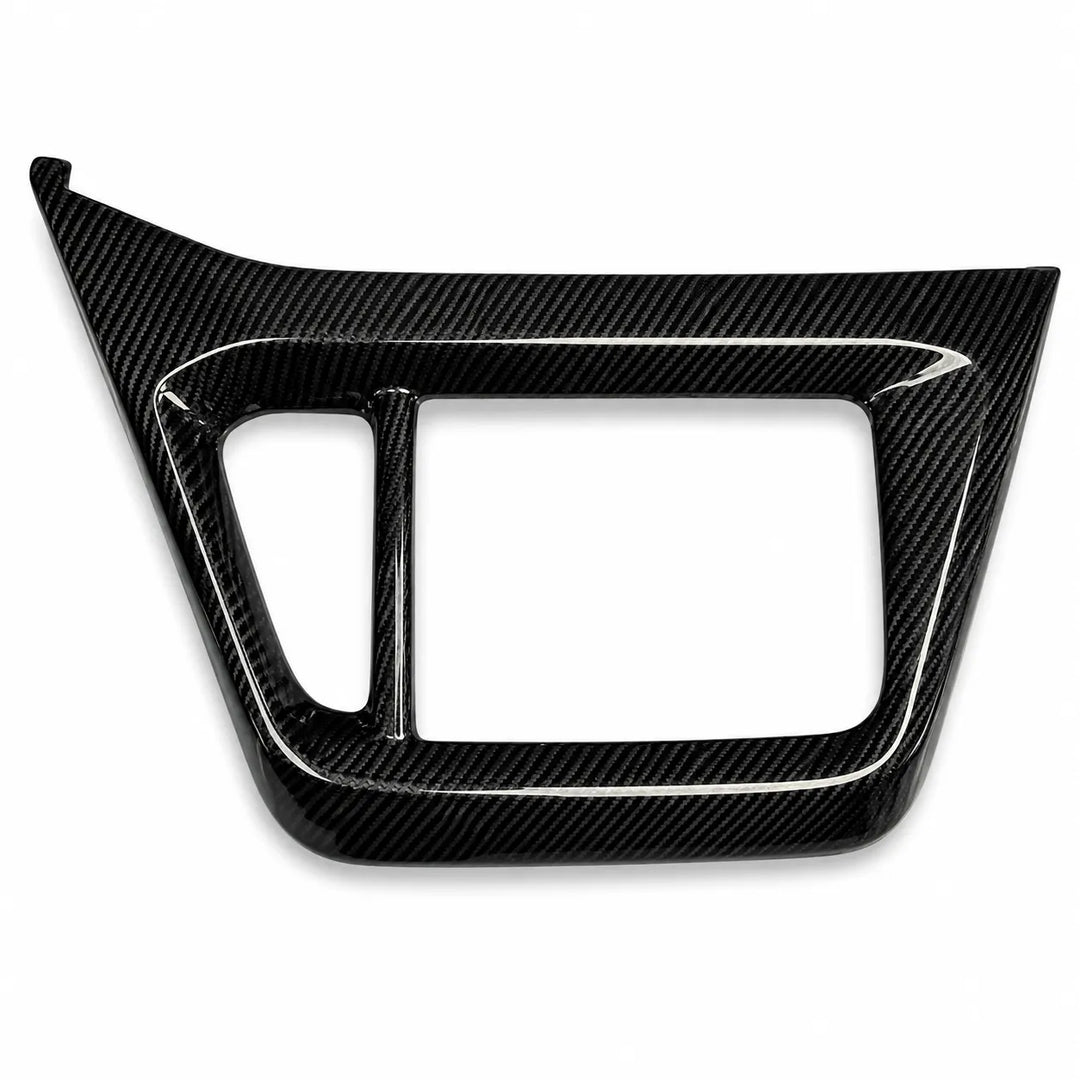 A glossy carbon fiber trim piece with a distinctive diagonal weave pattern, shown on a clean white background.