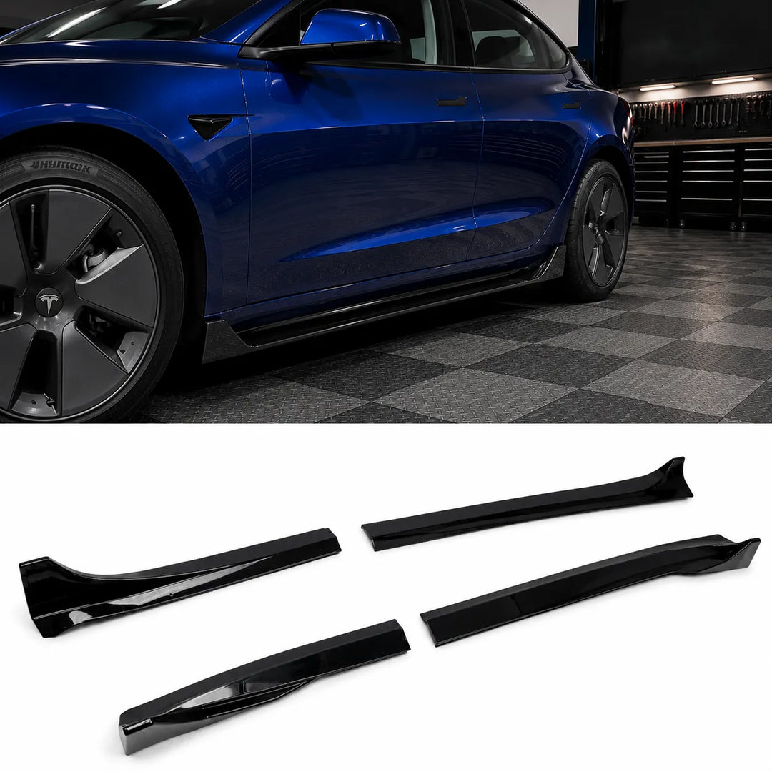 Four glossy black car side skirt lip valance trim pieces shown on a white background, with a blue car in a garage used as a contextual application photo above.