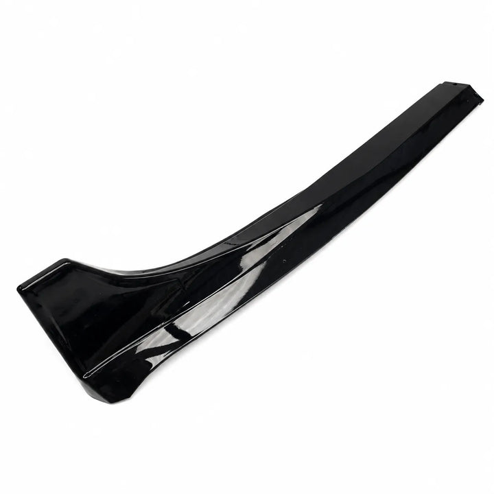A glossy black plastic automotive trim piece, side skirt fender trim, shown on a plain white background.