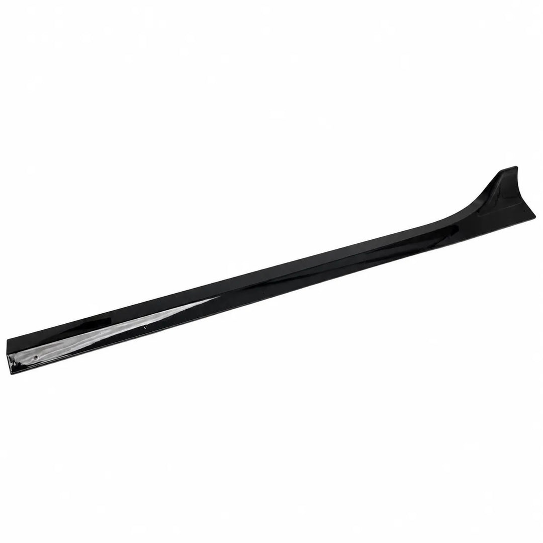 A long, glossy black automotive trim piece or bumper lip, shown diagonally on a plain white background.