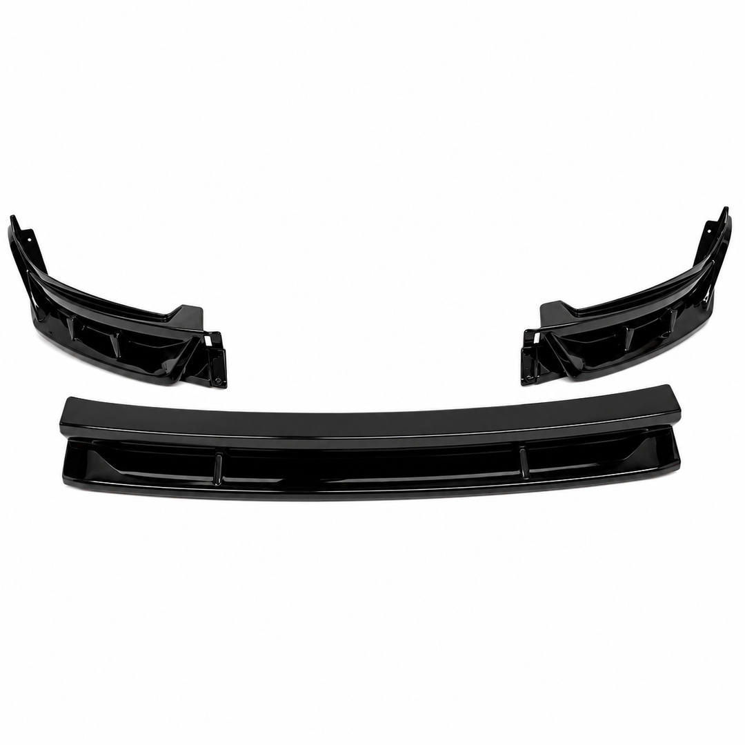 A set of three black plastic automotive body part splitter, including two side curved pieces and one longer horizontal piece, displayed against a solid white background. Made for tesla model y facelift 