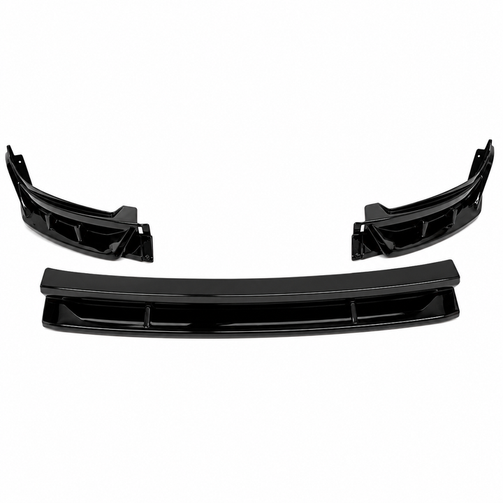 A set of three black plastic automotive body part splitter, including two side curved pieces and one longer horizontal piece, displayed against a solid white background. Made for tesla model y facelift 