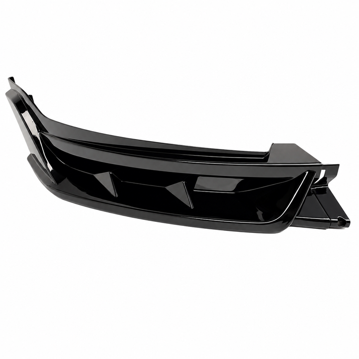 A glossy black plastic automotive front bumper lip or splitter component, shown from a three-quarters angle on a solid white background.