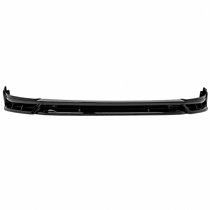 A black plastic car front bumper lip or splitter trim piece, low valance shot, shown horizontally against a plain white background.
