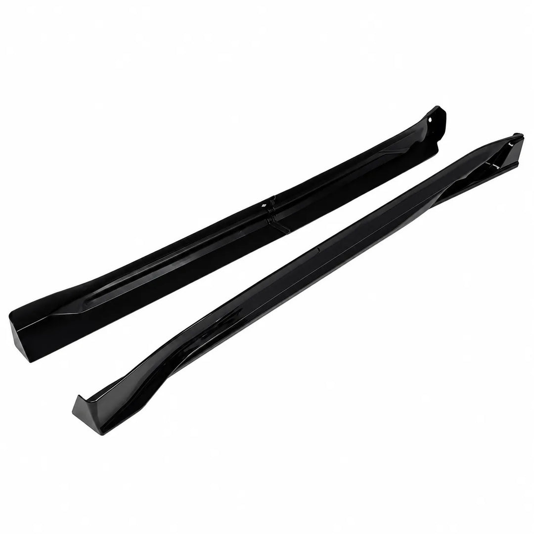 Two black car side skirts pair, 4 piece valance on a white background to fit tesla model y facelift 2025+