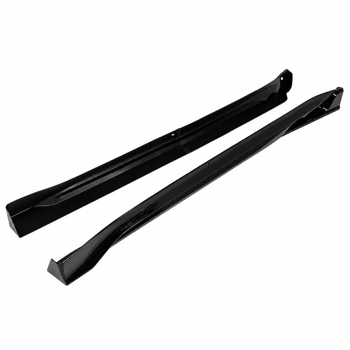 Two black car side skirts pair, 4 piece valance on a white background to fit tesla model y facelift 2025+