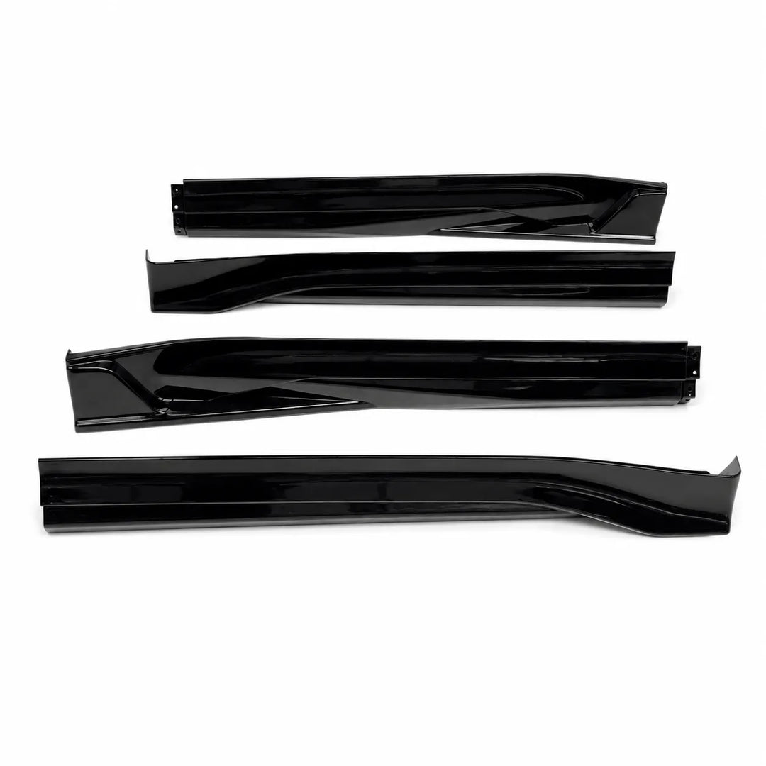 Four glossy black plastic side skirt trim pieces arranged vertically on a plain white background.