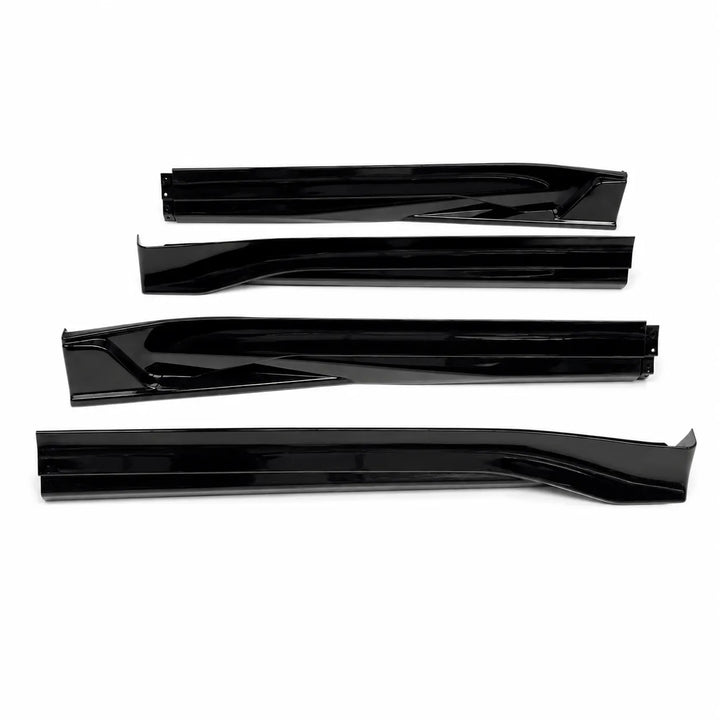 Four glossy black plastic side skirt trim pieces arranged vertically on a plain white background.