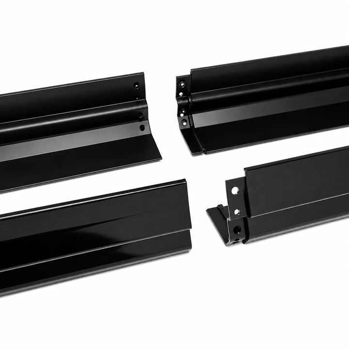Four black plastic side skirt trim pieces arranged on a plain white background.