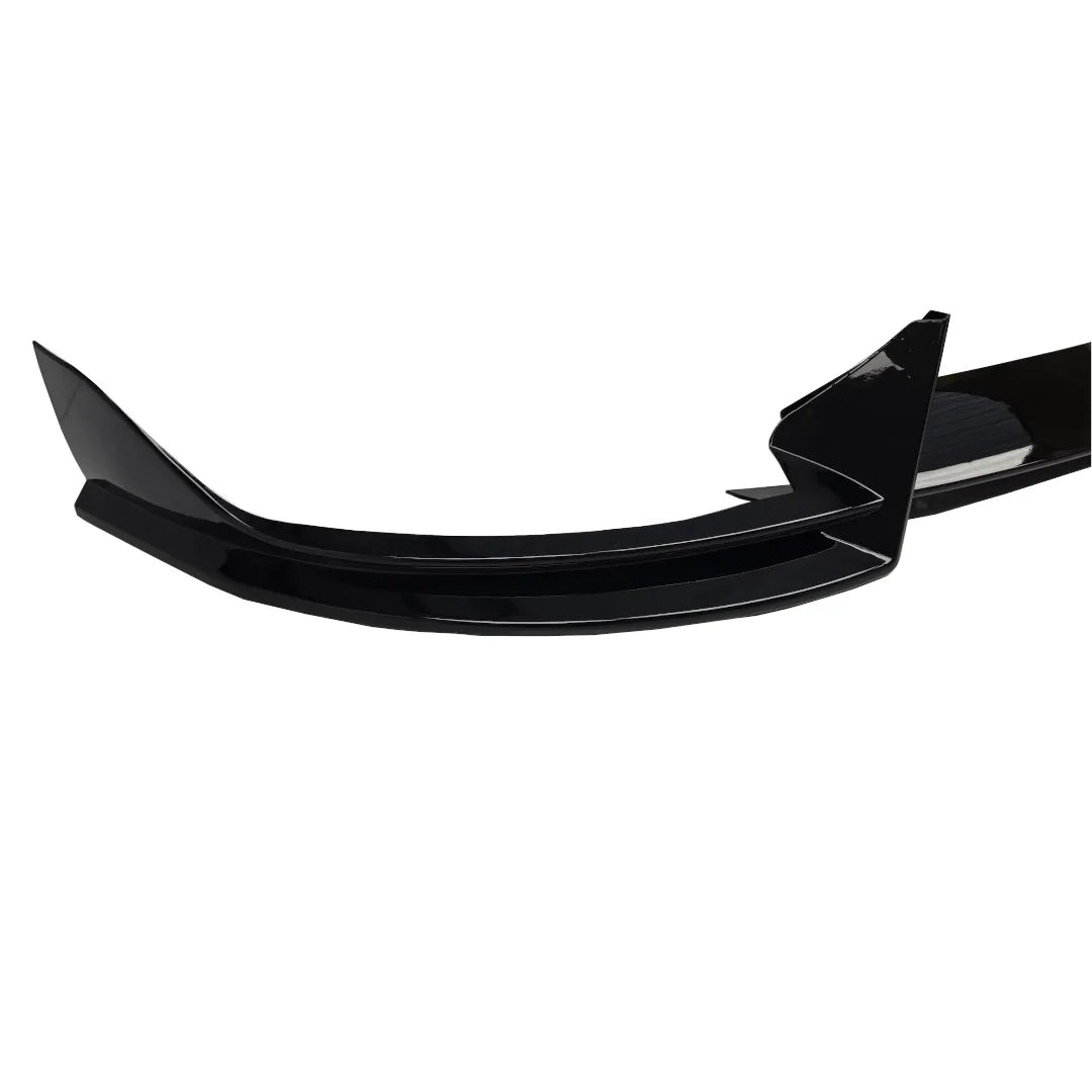 A full splitter kit, part shot one side, black automotive front lip valance spoiler accessory displayed below on a white background.