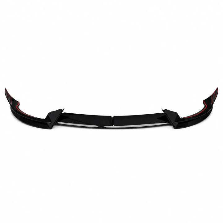 A full splitter kit, high-up shot on complete valance, black automotive front lip valance spoiler accessory displayed below on a white background.