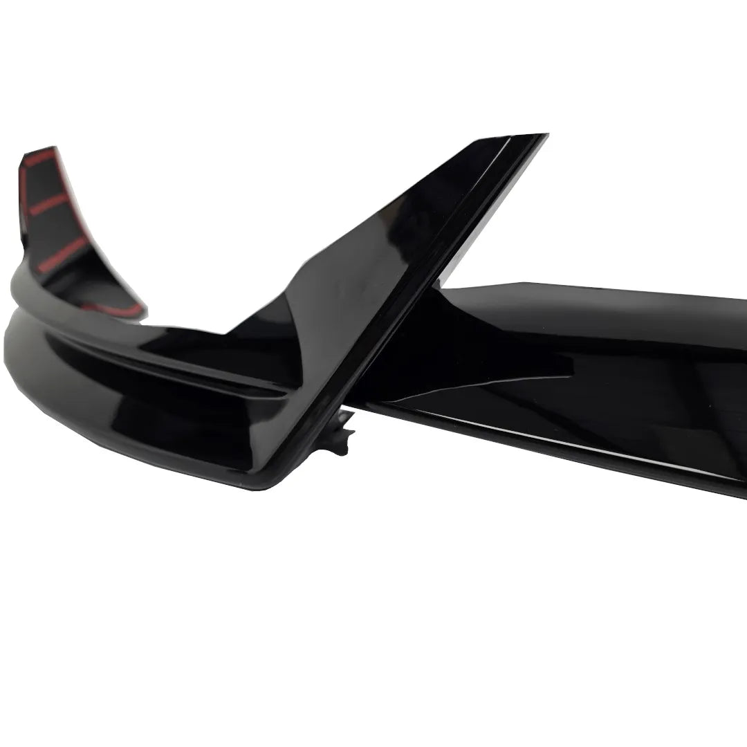 A full splitter kit, part shot one side, black automotive front lip valance spoiler accessory with 3m tape double sided tape displayed below on a white background.