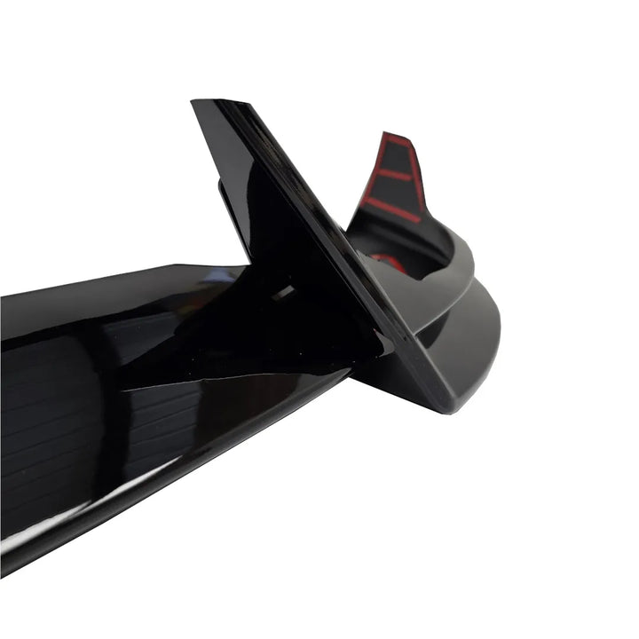 A full splitter kit, part shot one side, black automotive front lip valance spoiler accessory with 3m tape double sided tape displayed below on a white background.