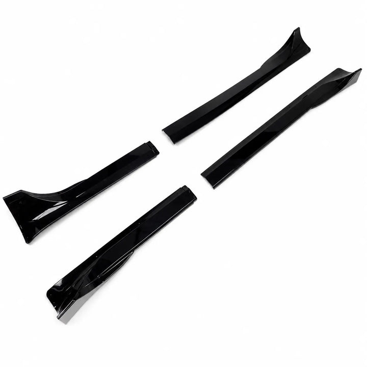 A Tesla Model Y pair of black side skirts, two long black four side skirt pieces displayed below on a white background. 