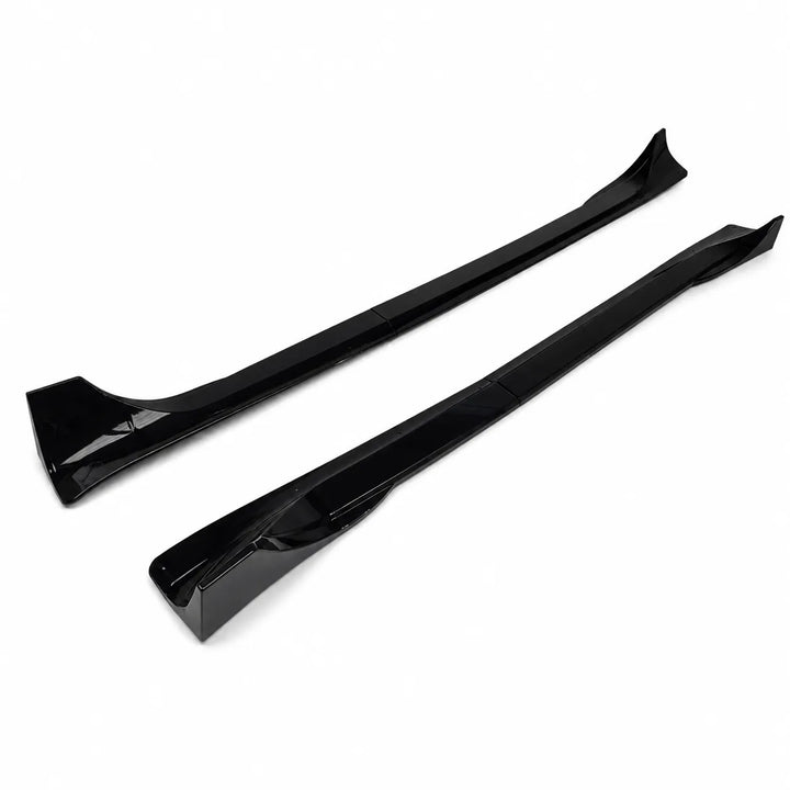 A Tesla Model Y pair of black side skirts, long black side skirt pieces displayed below on a white background. 