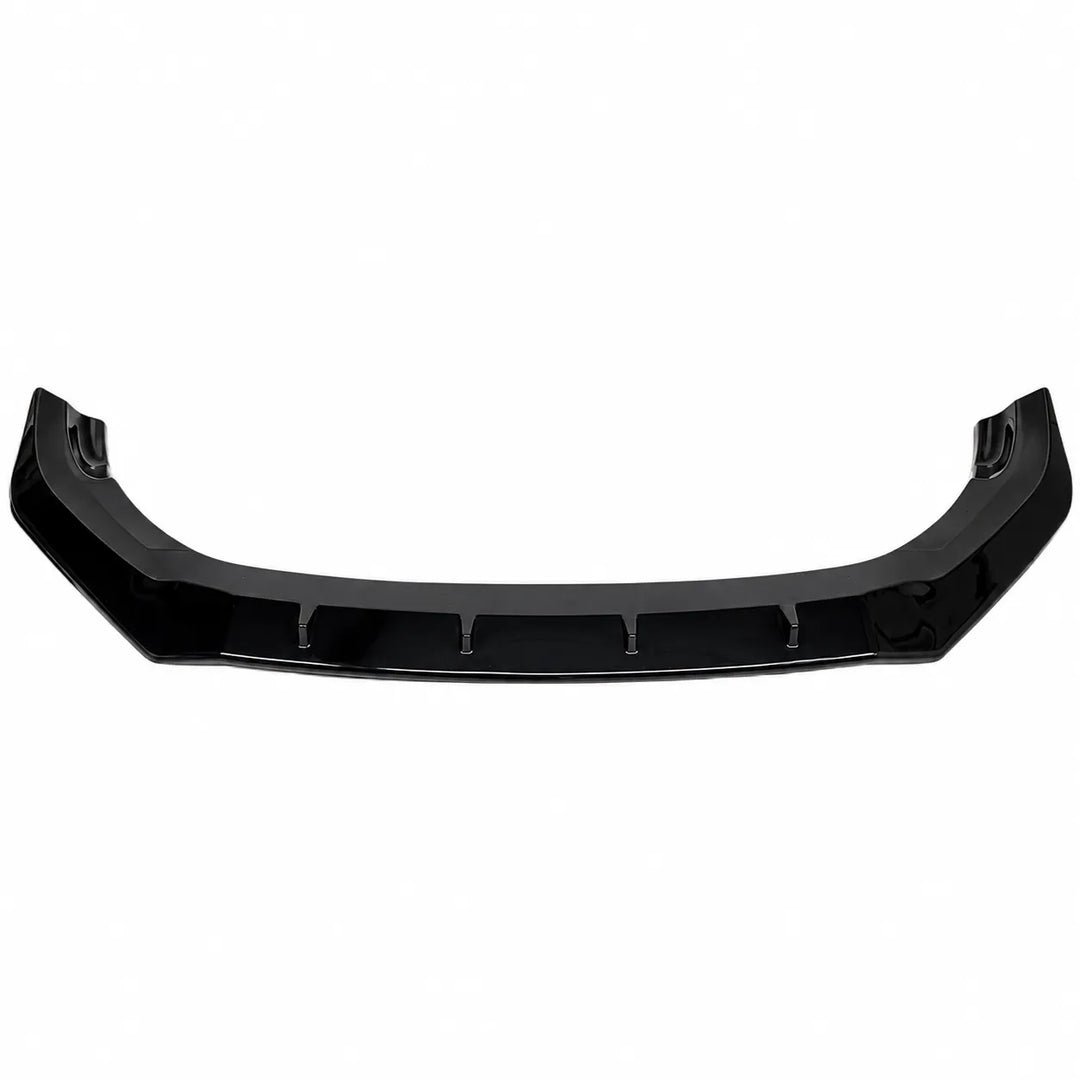 A glossy black automotive front bumper splitter lip spoiler insert, one piece valance shown from a front-facing perspective against a solid white background.