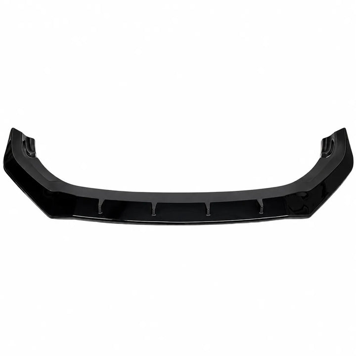 A glossy black automotive front bumper splitter lip spoiler insert, one piece valance shown from a front-facing perspective against a solid white background.