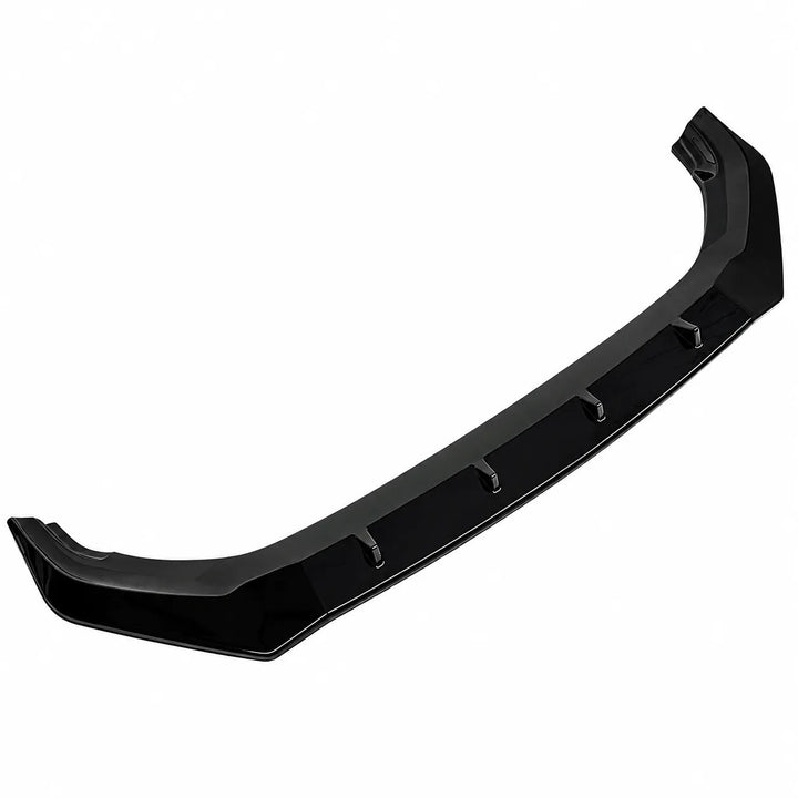 A glossy black automotive front bumper lip or splitter trim piece make for audi q7 sq7, angled image of one piece splitter valance shown from against a solid white background.