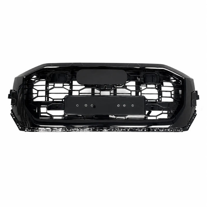 A black automotive front grille with a RS styling and honeycomb pattern, shown against a plain white background.
