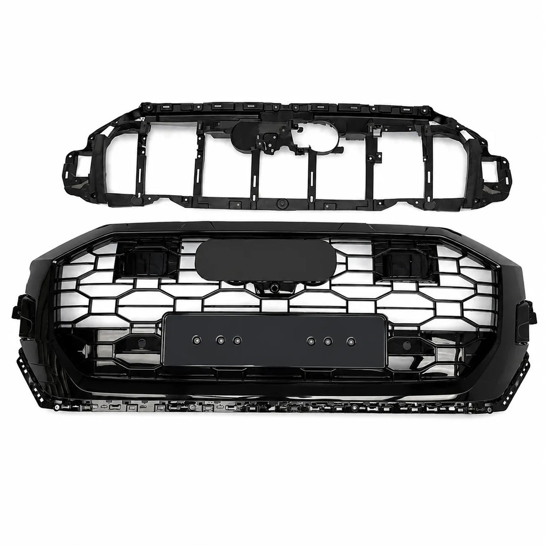A black honeycomb-style front grille and its corresponding mounting frame, displayed against a solid white background.