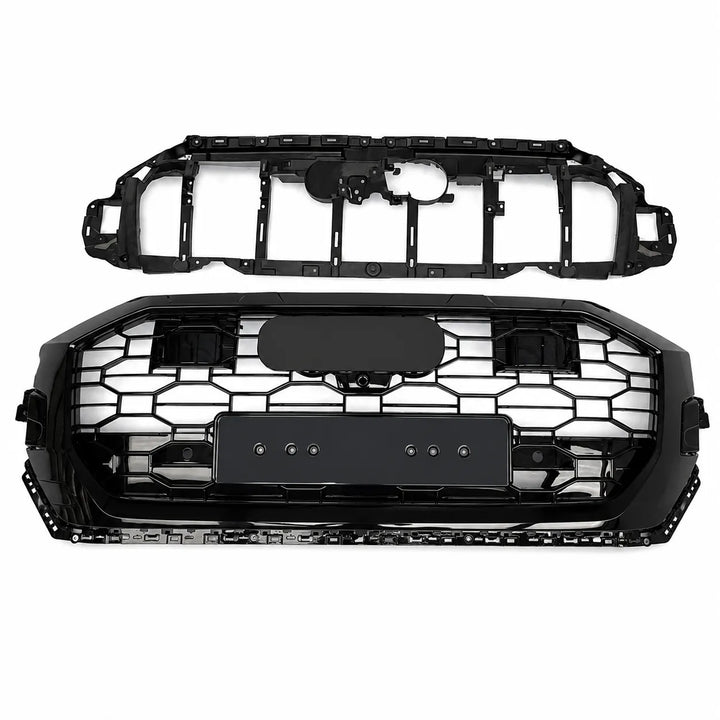 A black honeycomb-style front grille and its corresponding mounting frame, displayed against a solid white background.