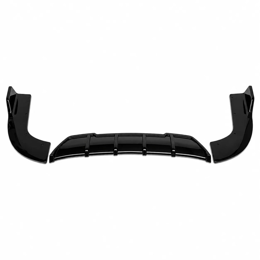 Three-piece glossy black automotive rear diffuser body kit consisting of a center lip spoiler and two matching side flares, displayed on a clean white background.