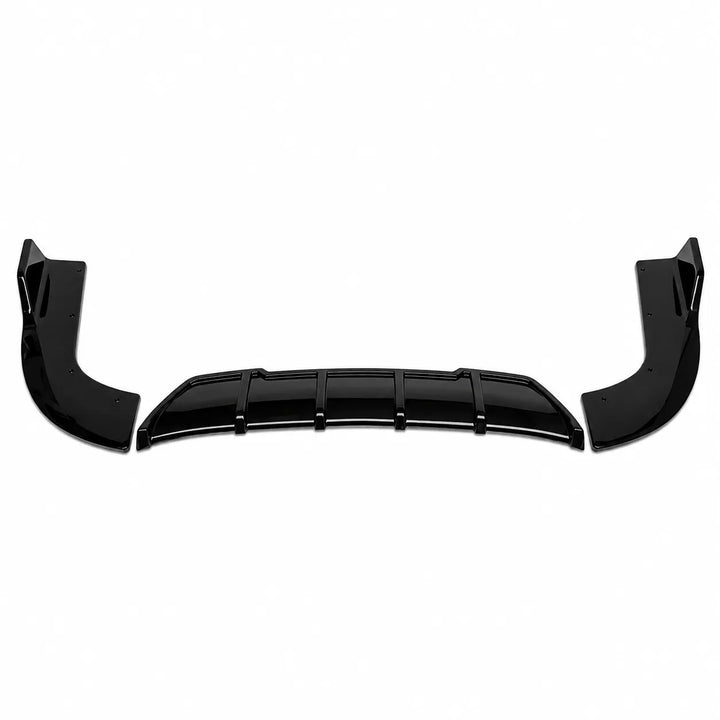 Three-piece glossy black automotive rear diffuser body kit consisting of a center lip spoiler and two matching side flares, displayed on a clean white background.
