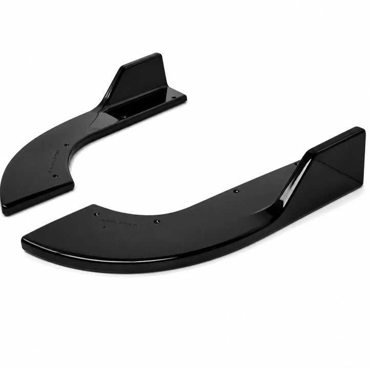 Two glossy black curved plastic components, ABS brackets, displayed on a clean white background.