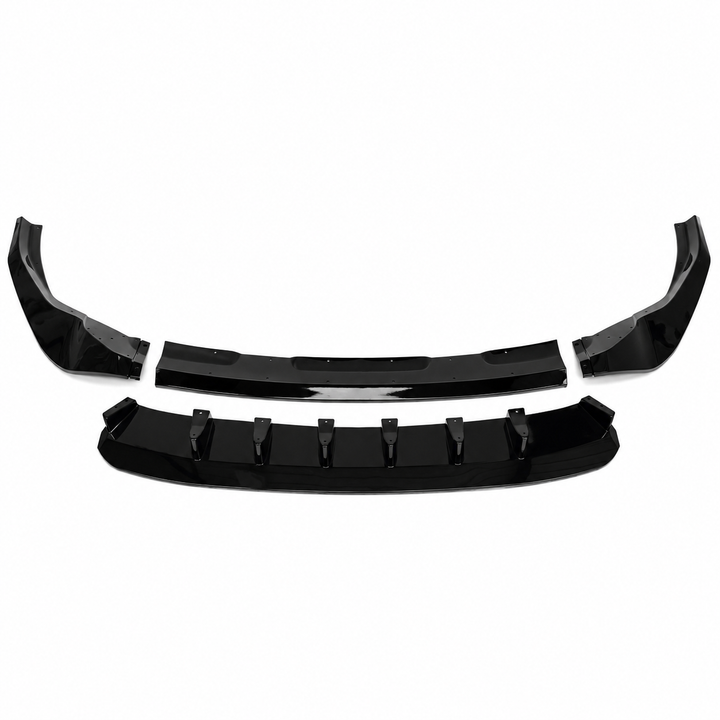 A set of glossy black automotive body parts, complete front splitter kit diffuser valance, displayed against a solid white background.