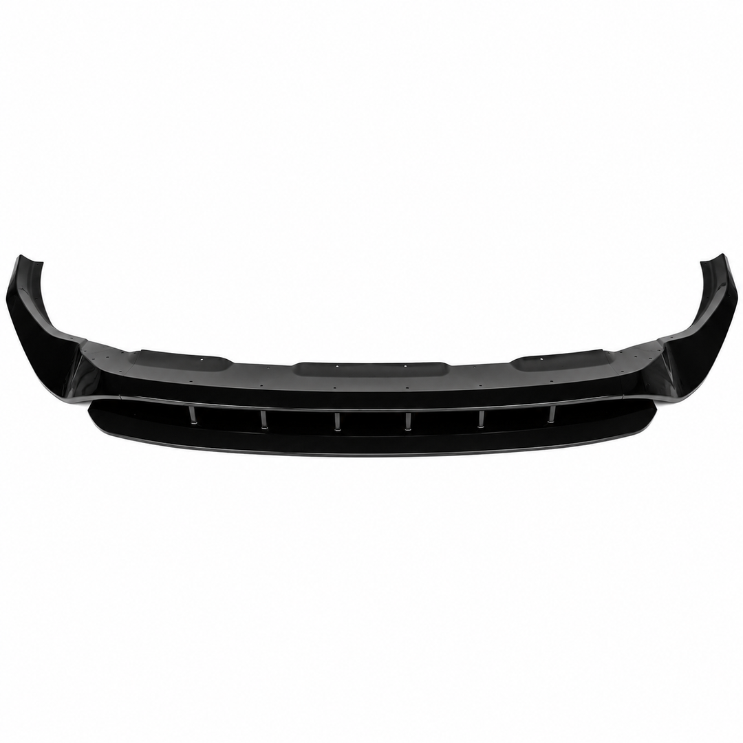 A glossy black car front bumper lip spoiler, shown from a front-facing perspective against a solid white background.