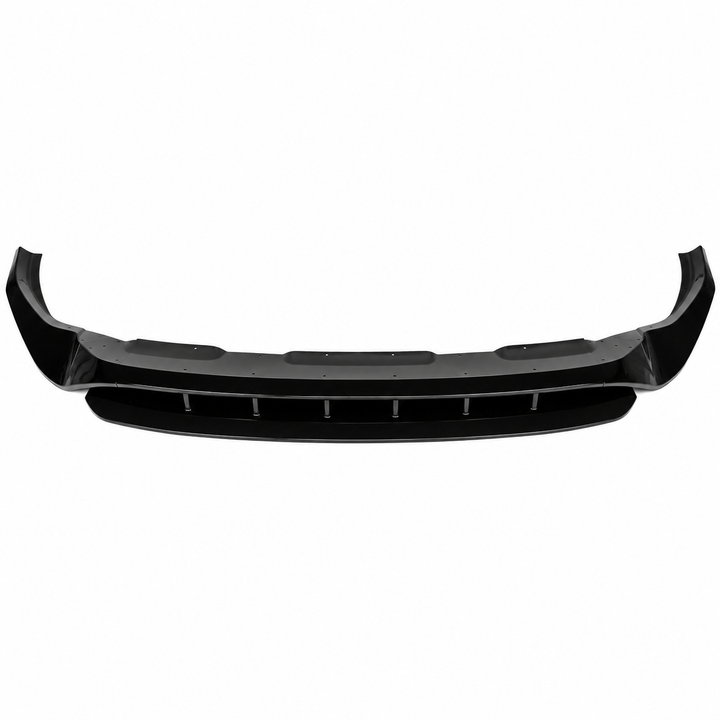 A glossy black car front bumper lip spoiler, shown from a front-facing perspective against a solid white background.