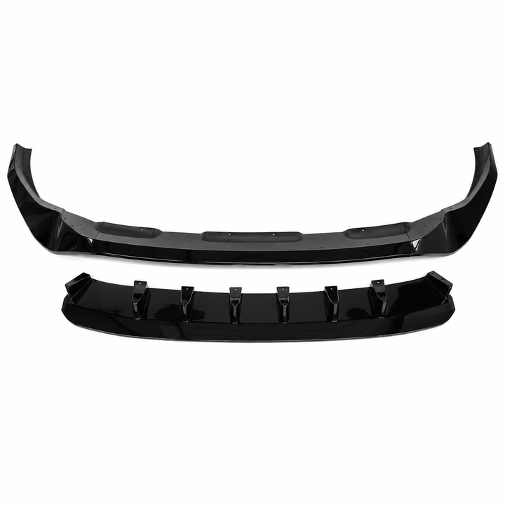 A set of glossy black automotive body trim pieces, including a lower lip diffuser splitter built up with side parts sections, displayed on a clean white background.