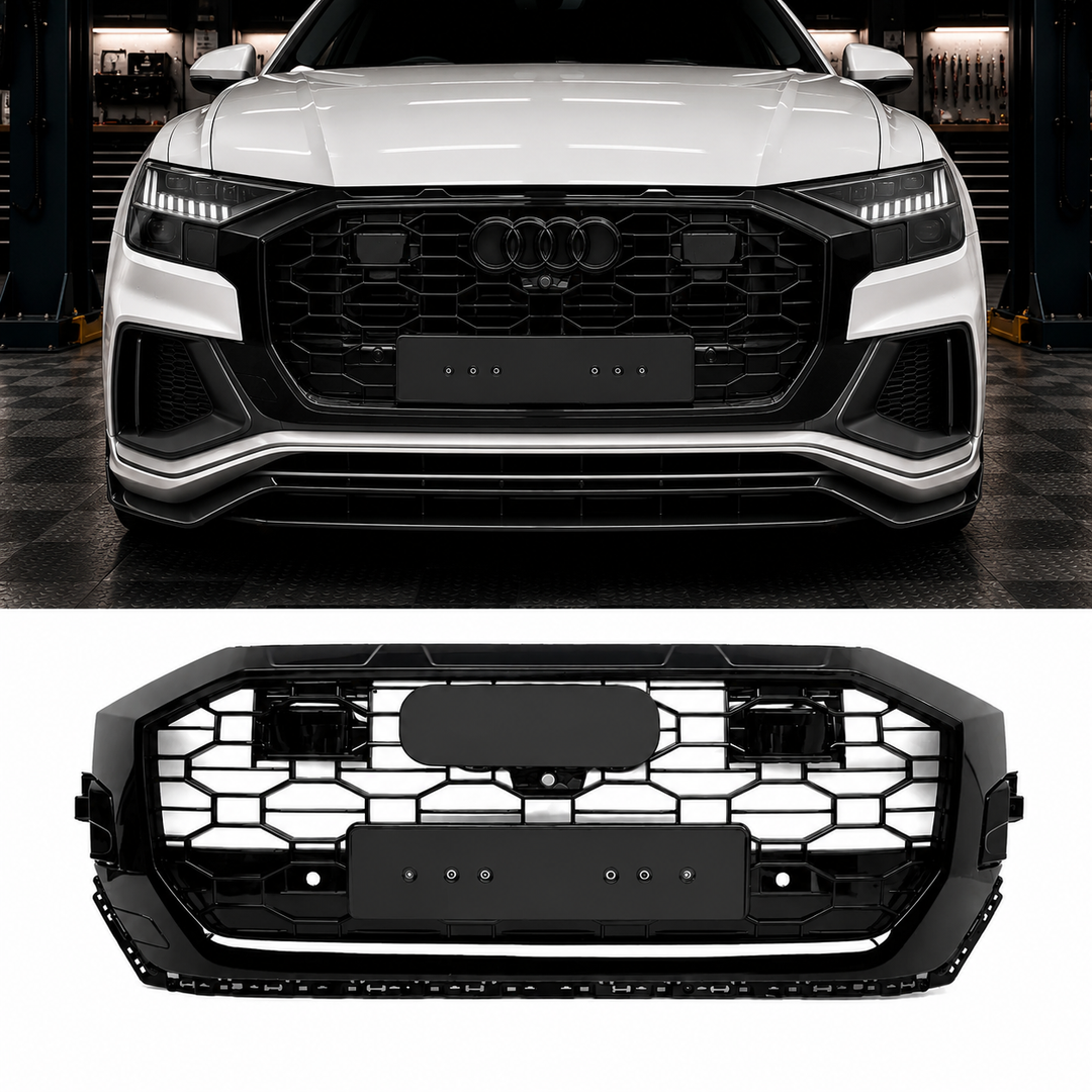 A black honeycomb front grille shown both installed on a white Audi Q8 and as a standalone product on a white background.