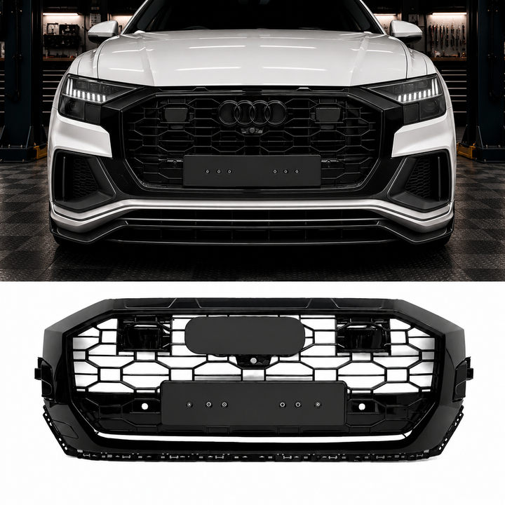 A black honeycomb front grille shown both installed on a white Audi Q8 and as a standalone product on a white background.