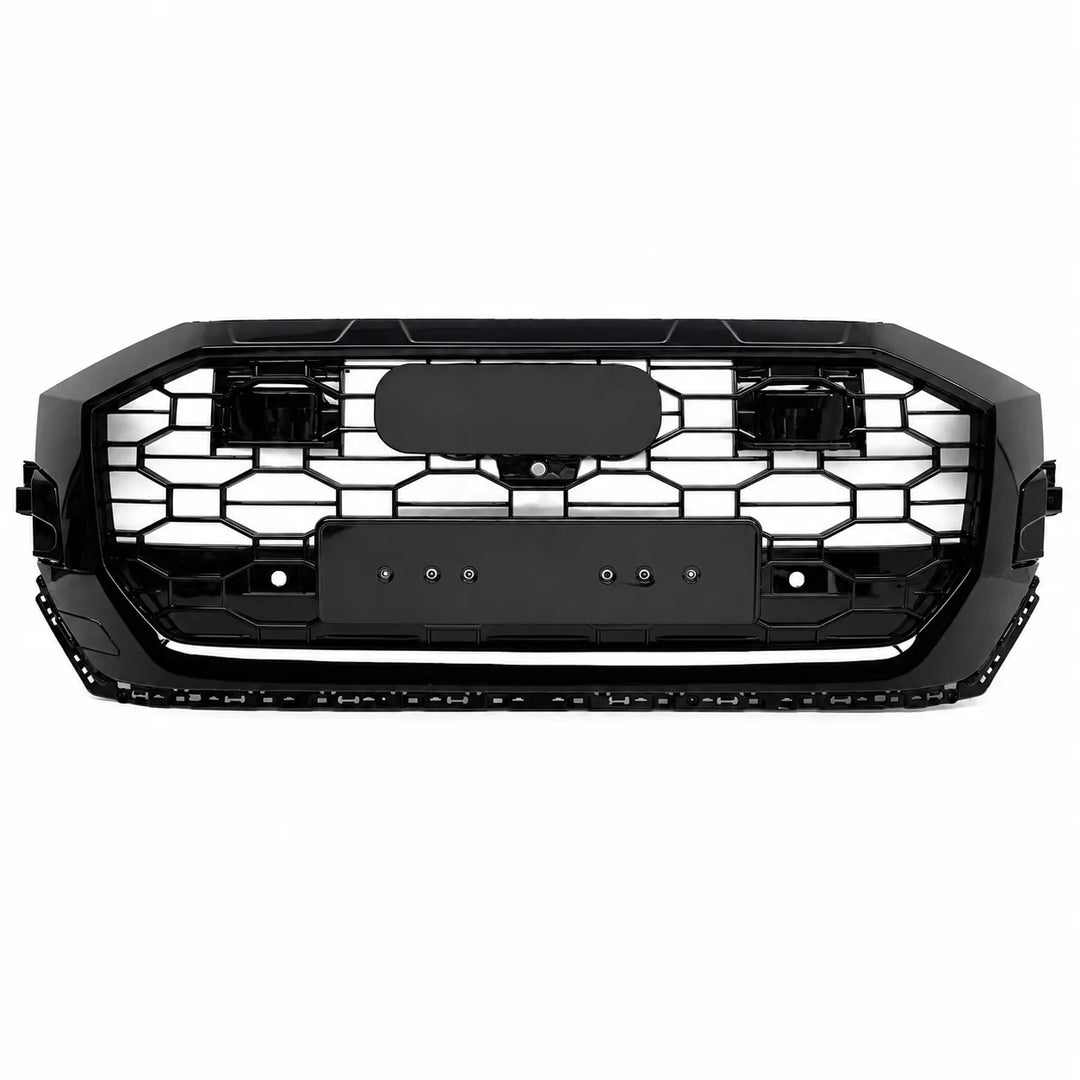 A black automotive front grille with a RS styling and honeycomb pattern, shown against a plain white background.