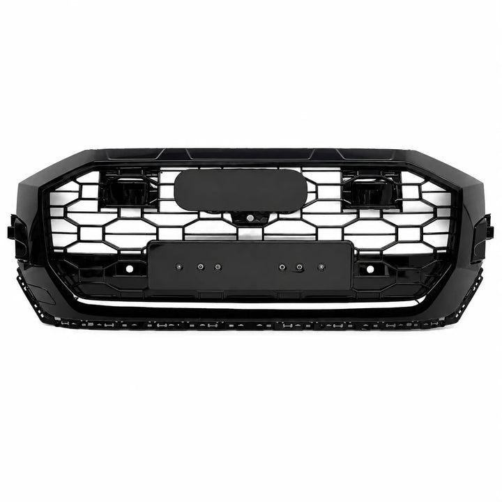 A black automotive front grille with a RS styling and honeycomb pattern, shown against a plain white background.