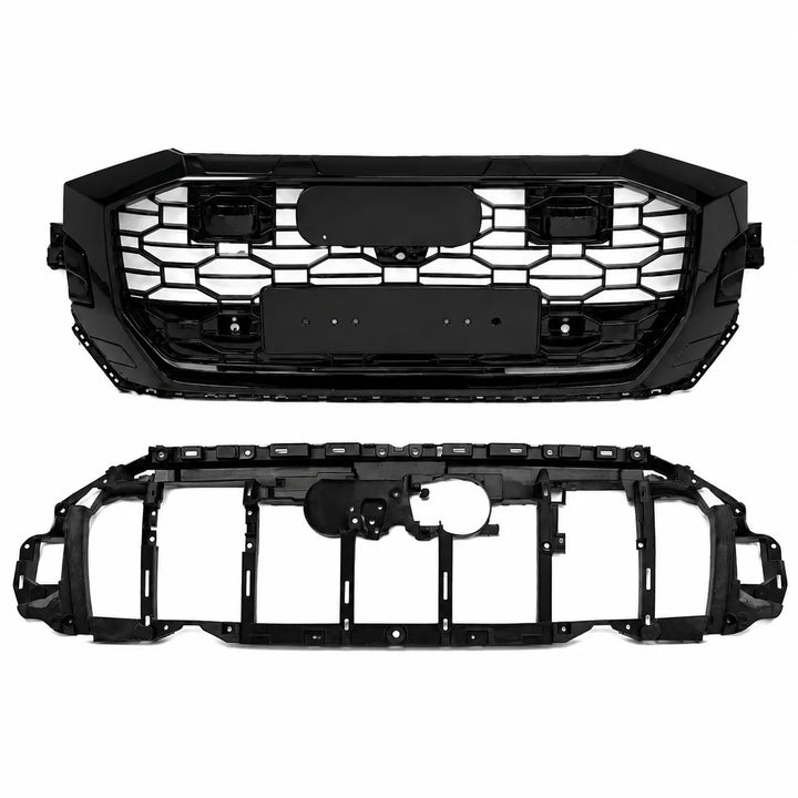 Black car front grille assembly shown in two views: the honeycomb-patterned front grille at the top and the corresponding black mounting frame at the bottom, isolated on a white background.