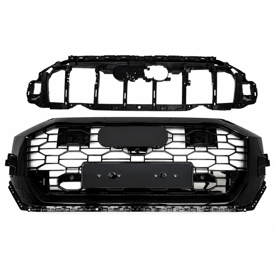 A black honeycomb-style front grille and its corresponding mounting frame, displayed against a solid white background.