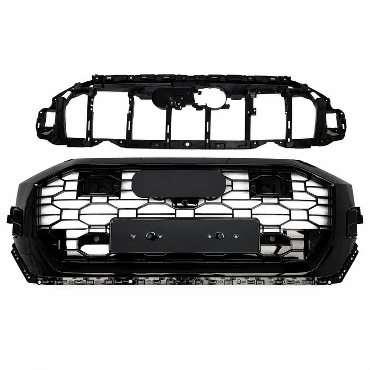 A black car front grille assembly with a honeycomb pattern, shown in two pieces against a plain white background.