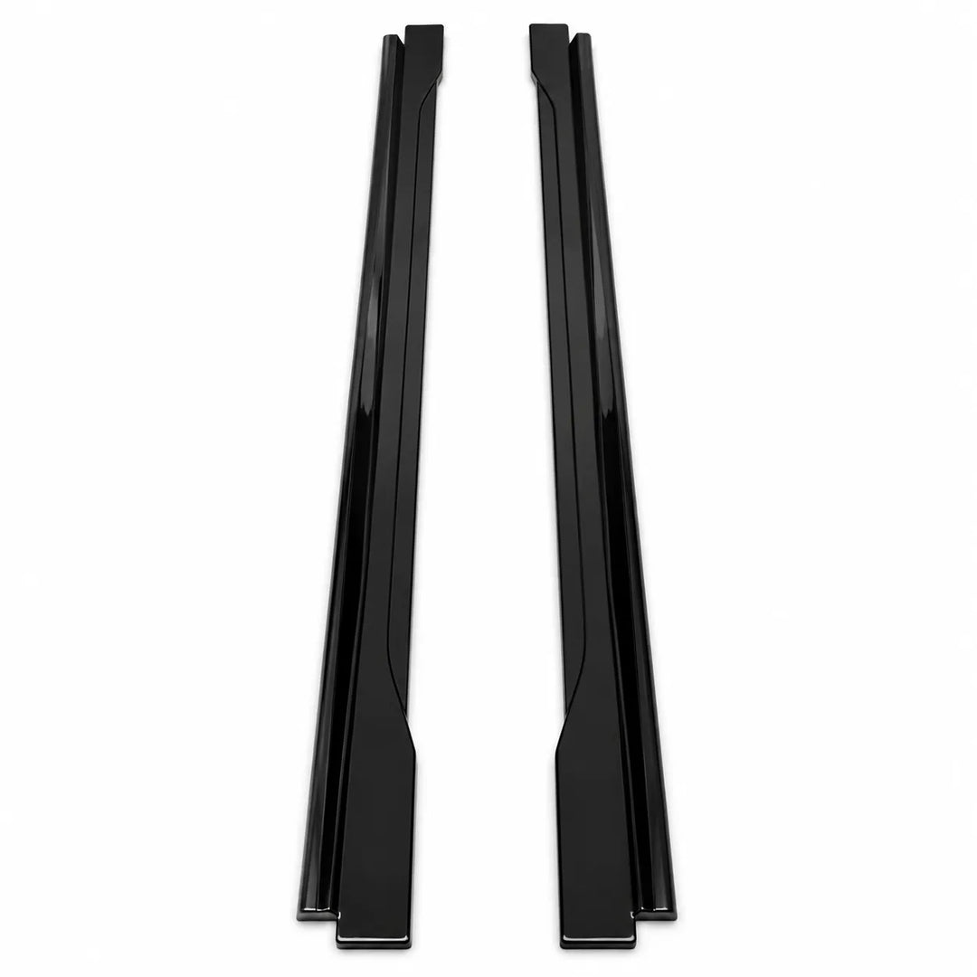Two gloss black automotive side skirt extensions compatible with audi q8 displayed side by side on a clean white background, finished in gloss black