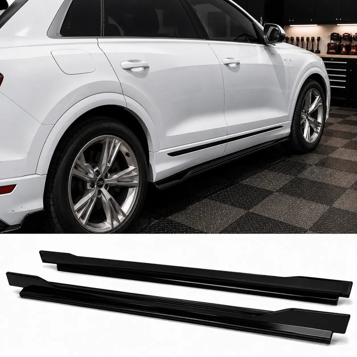 Black side step bars shown in the foreground on a white car in the sterling garage setting. The top half shows the white SUV from the rear three-quarter view with the side steps installed, and the bottom half shows the two black glossy side step bars separately on a white background.