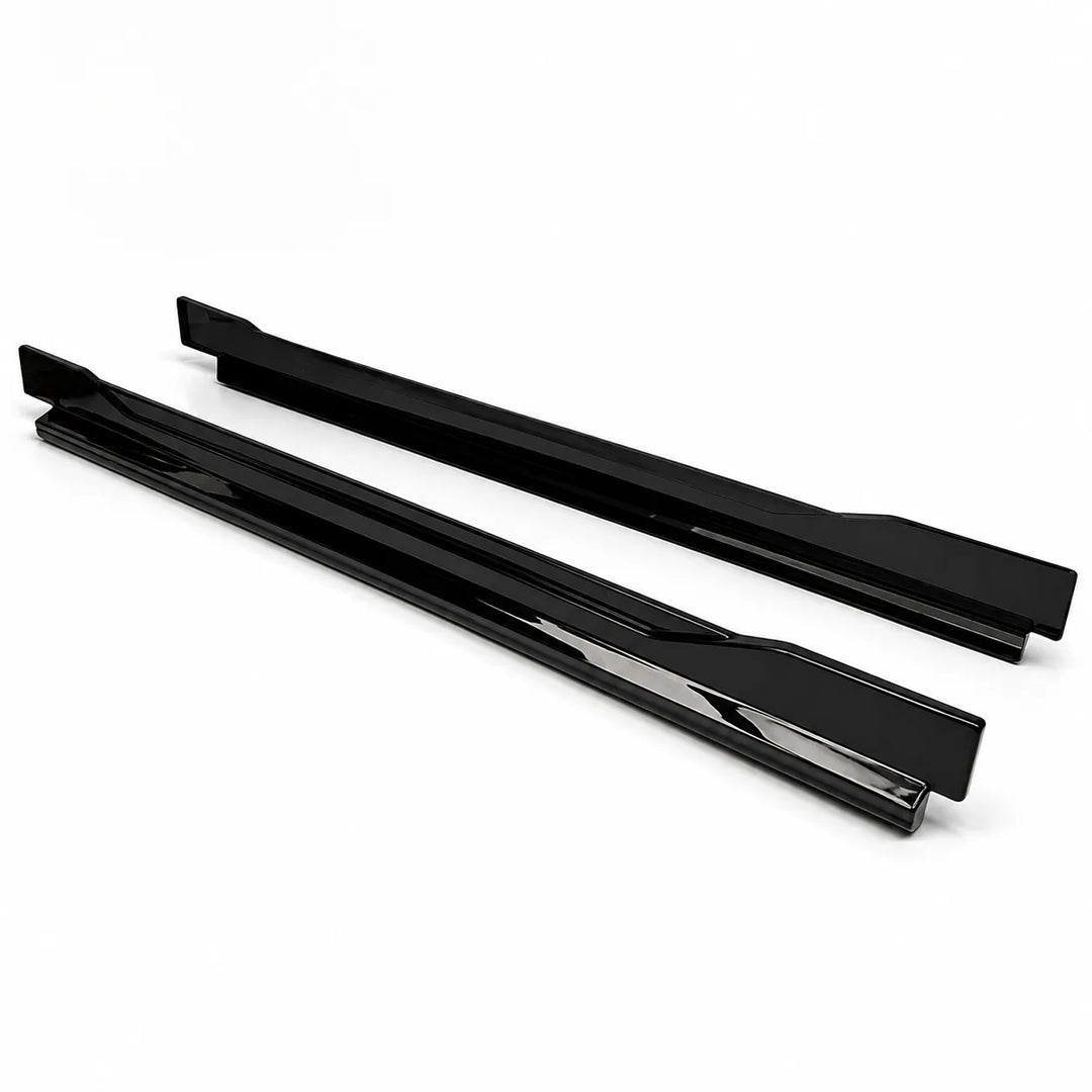 Two gloss black automotive side skirt extensions compatible with audi q8 displayed side by side on a clean white background, finished in gloss black
