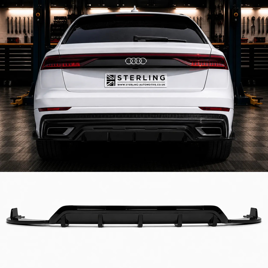 A black rear diffuser bumper lip accessory for an Audi Q8, shown both installed on a white Audi Q8 in the sterling workshop and as a standalone product on a white background below.