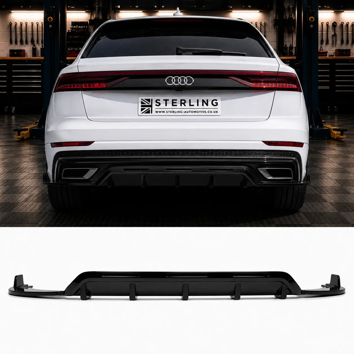 A black rear diffuser bumper lip accessory for an Audi Q8, shown both installed on a white Audi Q8 in the sterling workshop and as a standalone product on a white background below.